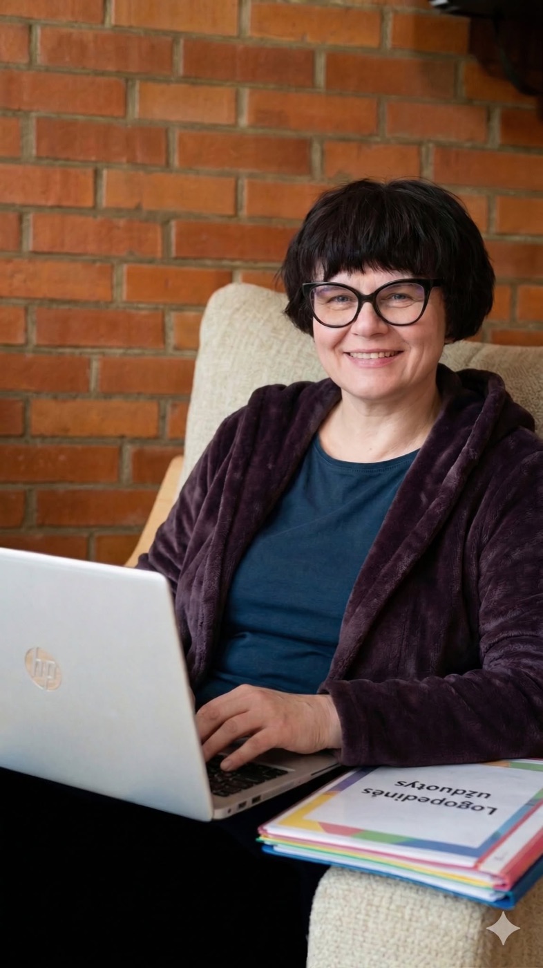 Logopedė Diana konsultuoja nuotoliu prie nešiojamojo kompiuterio